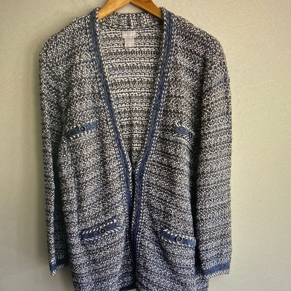 Chico's Navy & White Marled Open-Front Cardigan Blazer